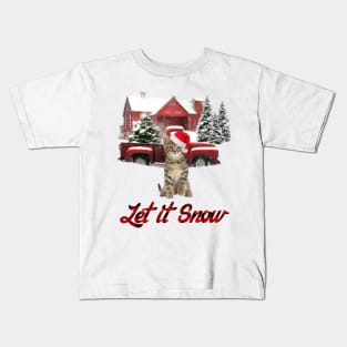 Cat Let It Snow Tree Farm Red Truck Christmas Kids T-Shirt